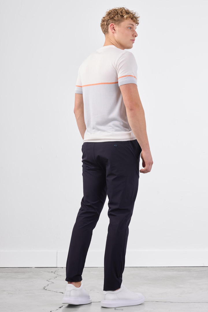 Ekru Bisiklet Yaka Çift Renk Slim Fit Triko Tshirt