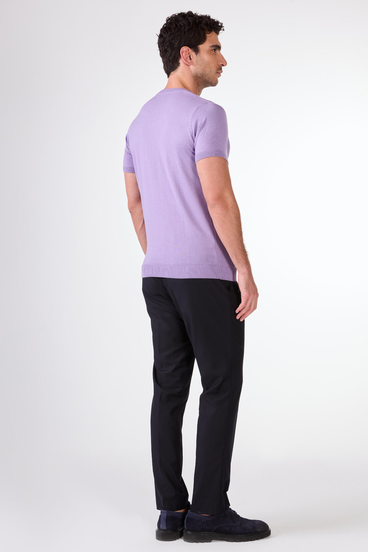 Açık Mor O Yaka Düz Renk Kısa Kollu Slim Fit Triko Tshirt