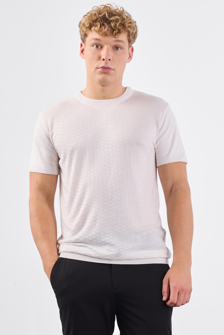 Ekru O Yaka Düz Renk Kısa Kollu Slim Fit Triko Tshirt