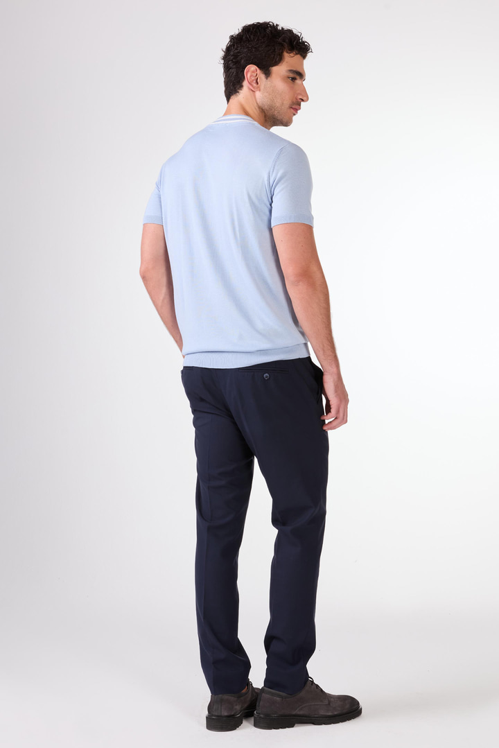 Buz Mavisi O Yaka Düz Renk Kısa Kollu Slim Fit Triko Tshirt