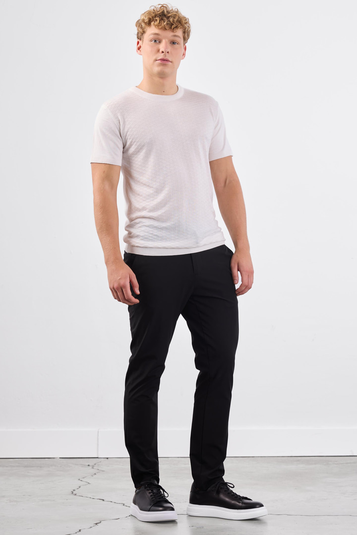 Ekru O Yaka Düz Renk Kısa Kollu Slim Fit Triko Tshirt