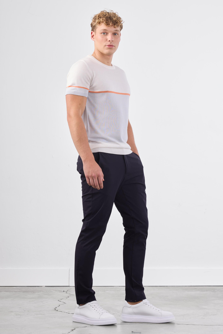Ekru Bisiklet Yaka Çift Renk Slim Fit Triko Tshirt