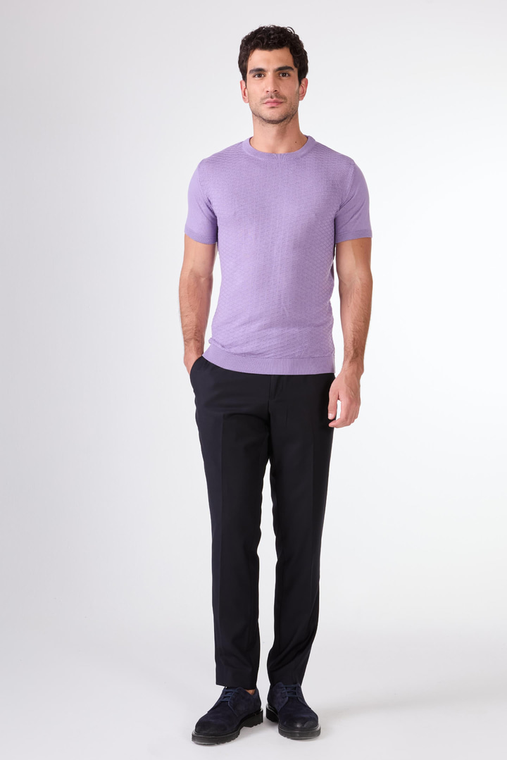 Açık Mor O Yaka Düz Renk Kısa Kollu Slim Fit Triko Tshirt