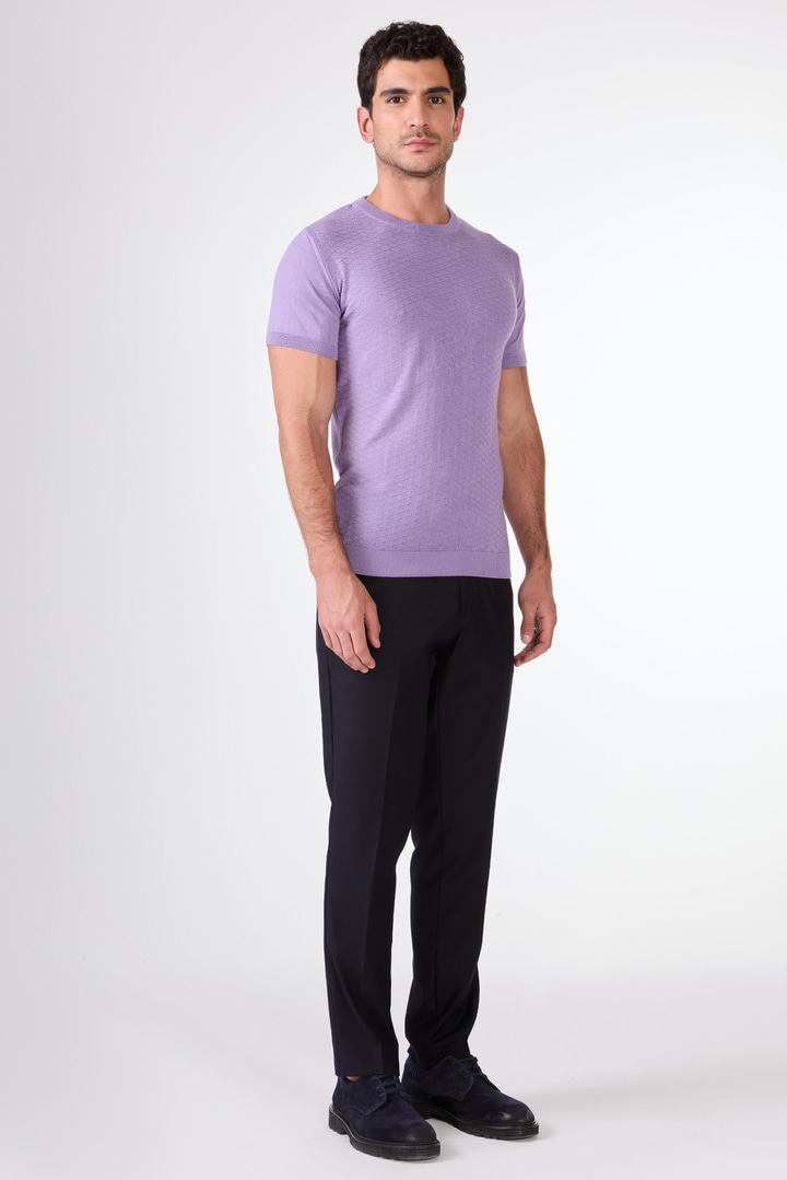 Açık Mor O Yaka Düz Renk Kısa Kollu Slim Fit Triko Tshirt