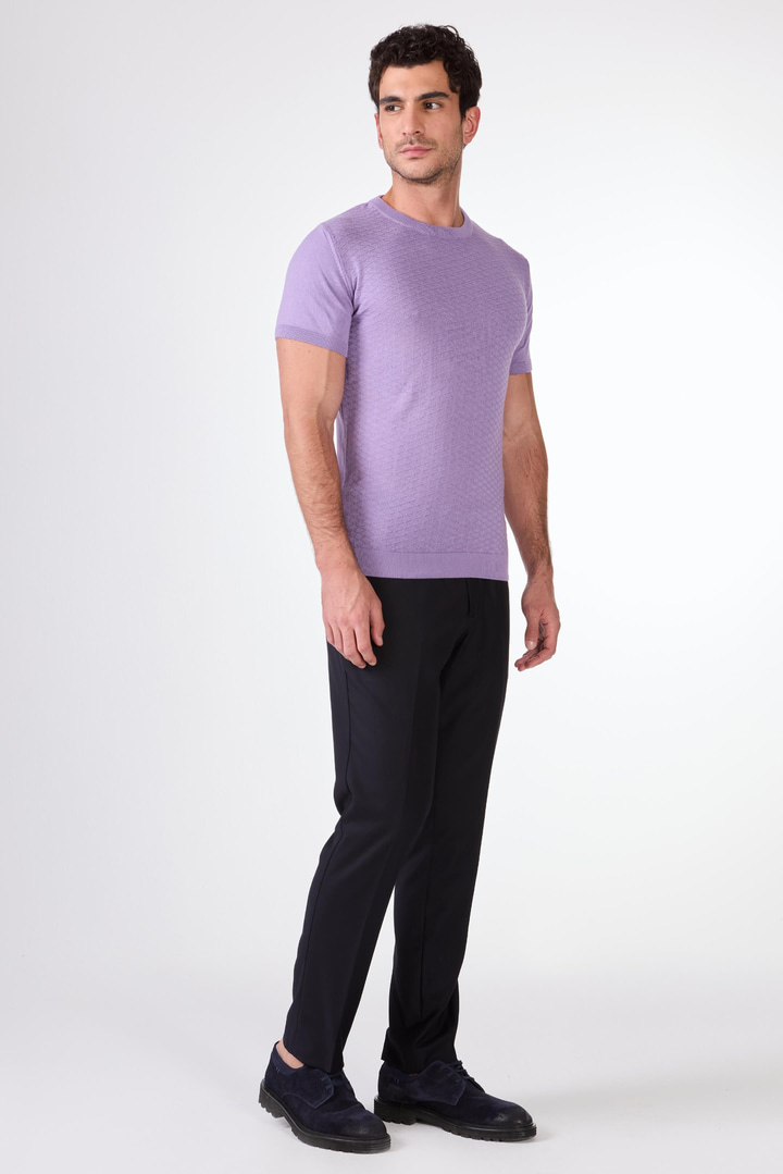 Açık Mor O Yaka Düz Renk Kısa Kollu Slim Fit Triko Tshirt
