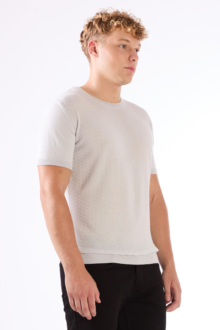 Açık Gri O Yaka Düz Renk Kısa Kollu Slim Fit Triko Tshirt
