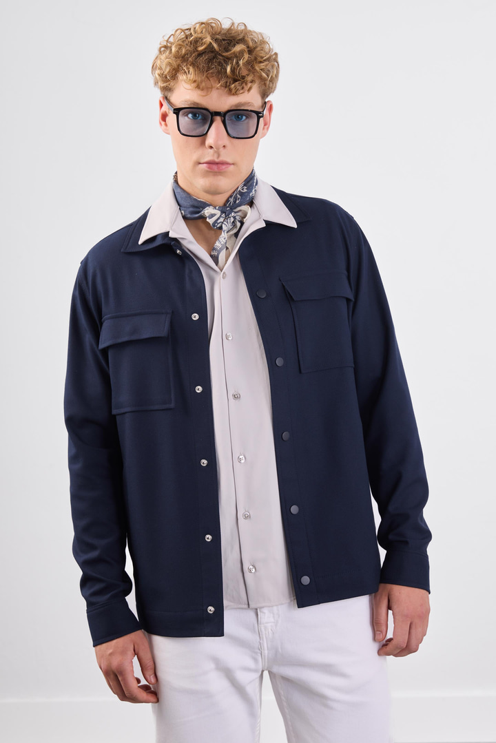 Lacivert Çıtçıt Kapamalı Cepli Overshirt Gömlek
