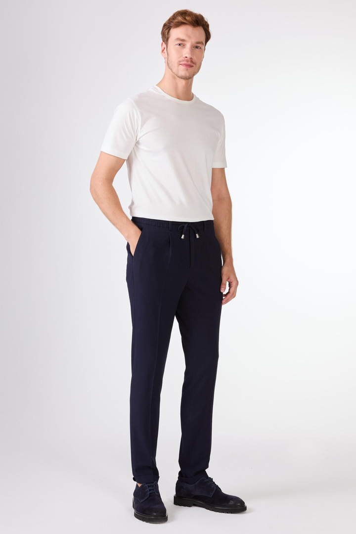 Lacivert Gofre Desen Pileli Jogger Slim Fit Erkek Pantolon