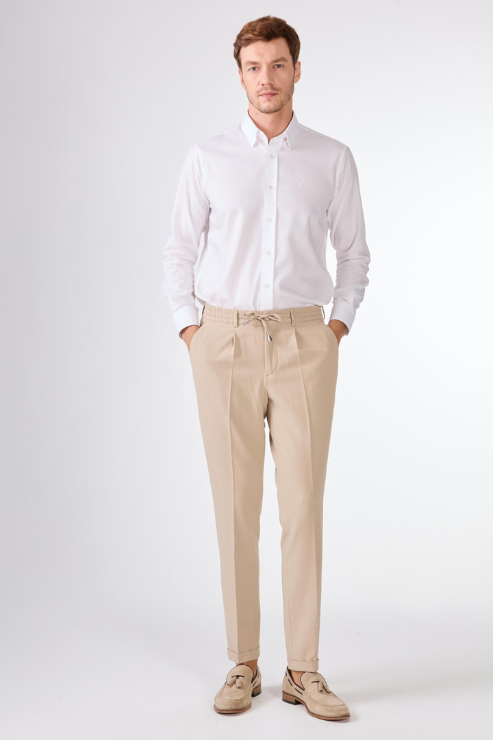 Bej Gofre Desen Pileli Jogger Slim Fit Erkek Pantolon