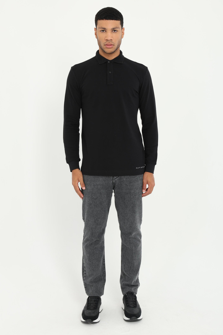 Siyah Polo Yaka Baskılı Sweatshirt