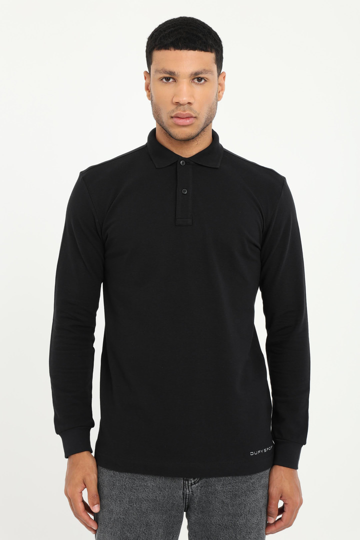 Siyah Polo Yaka Baskılı Sweatshirt