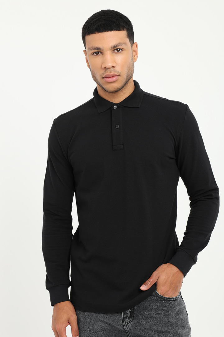 Siyah Polo Yaka Baskılı Sweatshirt