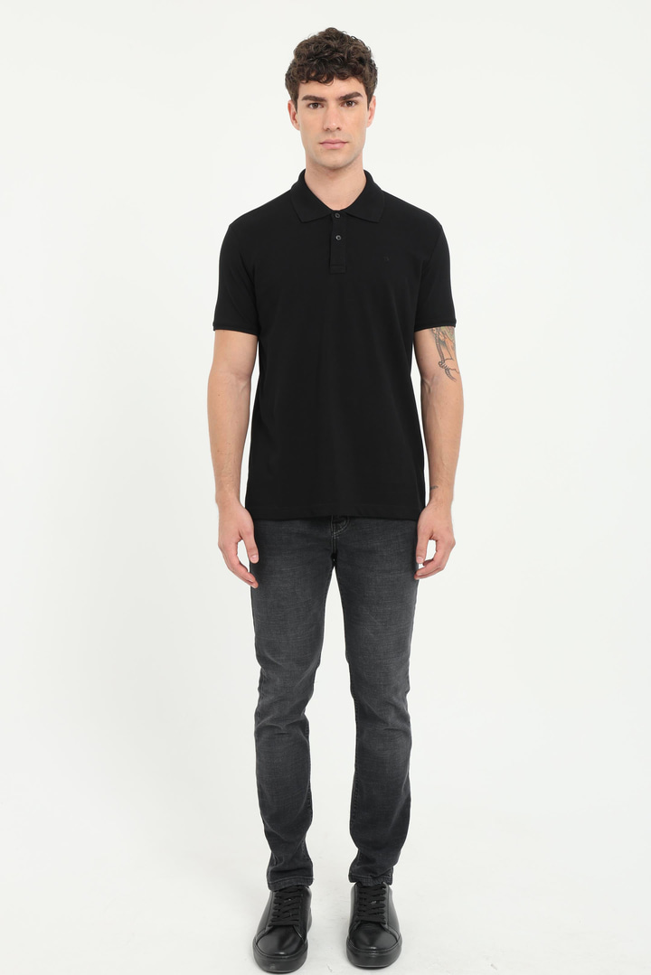 Koyu Siyah Polo Yaka Pamuklu Düz Renk Slim Fit Erkek T