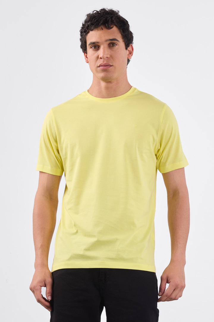 Sarı Bisiklet Yaka Pamuklu Düz Renk Slim Fit Erkek T-shirt