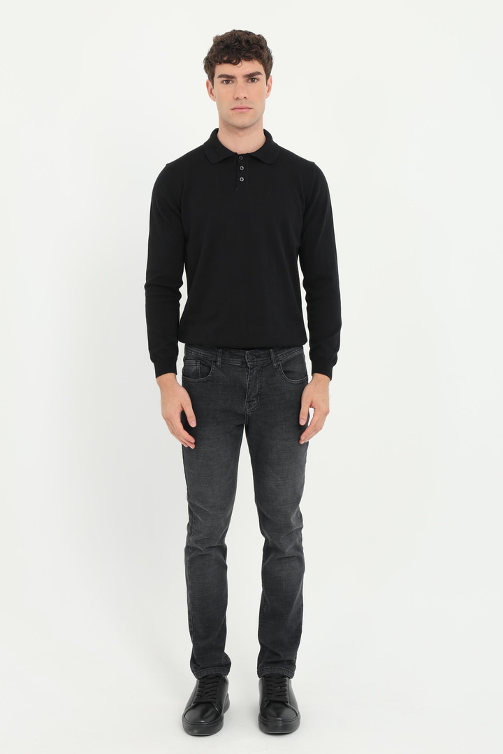 Siyah Polo Yaka Uzun Kol Regular Fit Erkek Triko