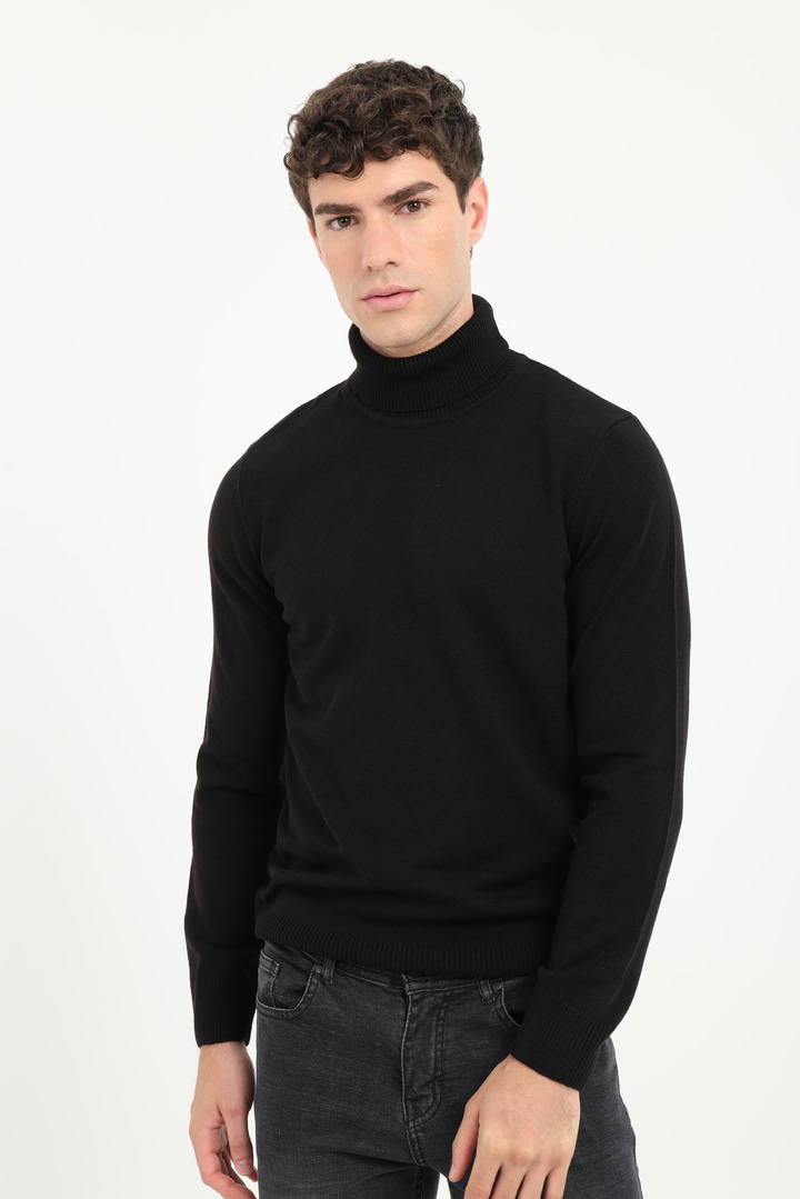 Erkek Slim Fit Tam Balıkçı Yaka Siyah Triko