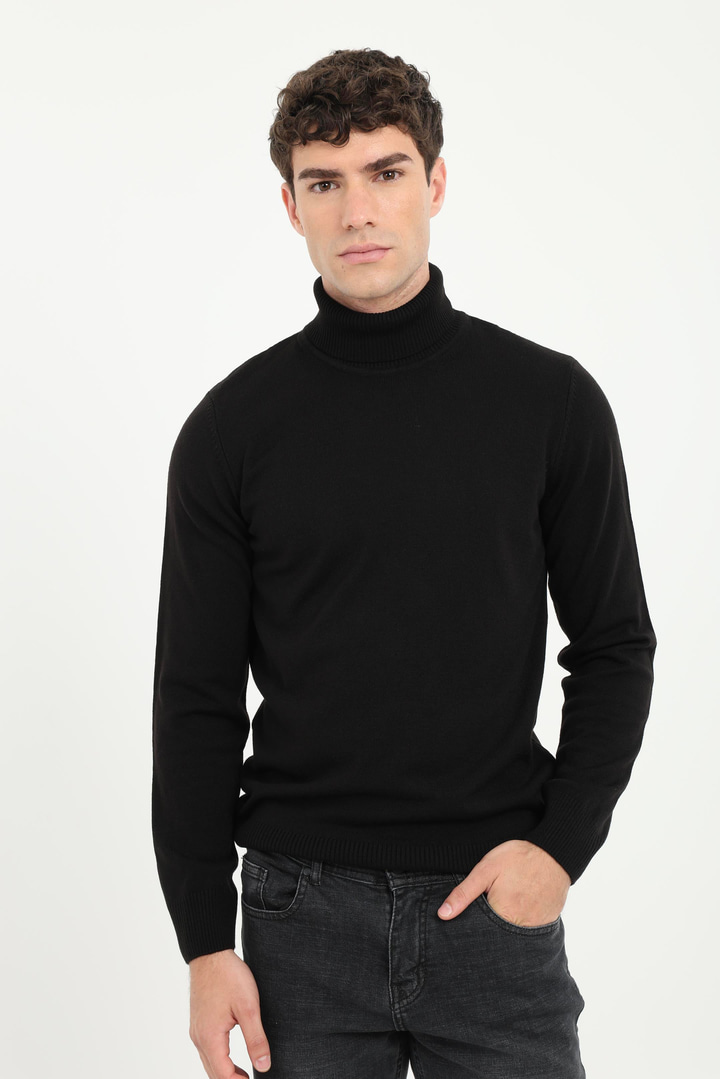 Erkek Slim Fit Tam Balıkçı Yaka Siyah Triko