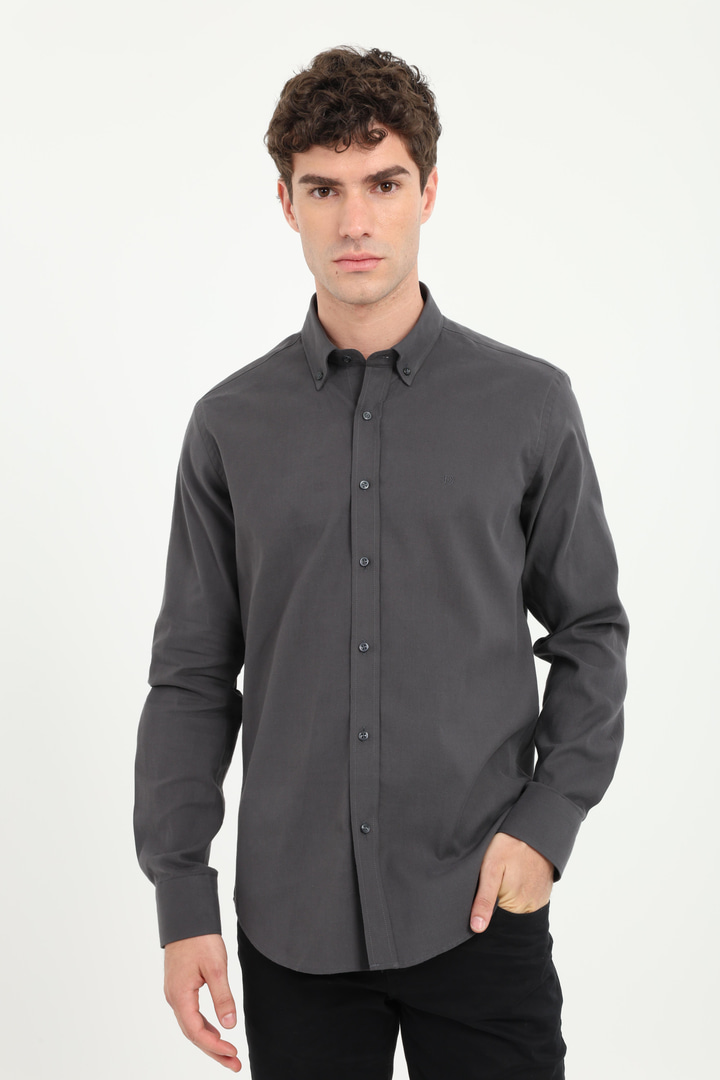 Koyu Gri Yaka Düğmeli Slim Fit Erkek Gömlek