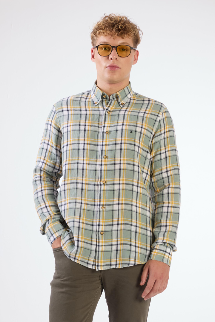 Yeşil Erkek Slim Fit Çiçek Desenli Klasik Yaka Uzun Kol Gömlek 
