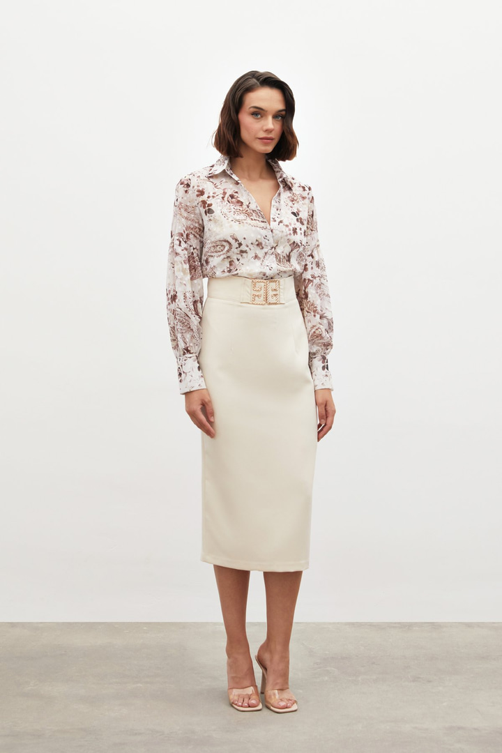 Aksesuar Detaylı Kalem Etek - BEJ