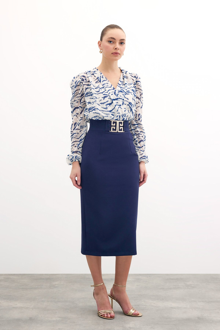 Aksesuar Detaylı Kalem Etek - Lacivert