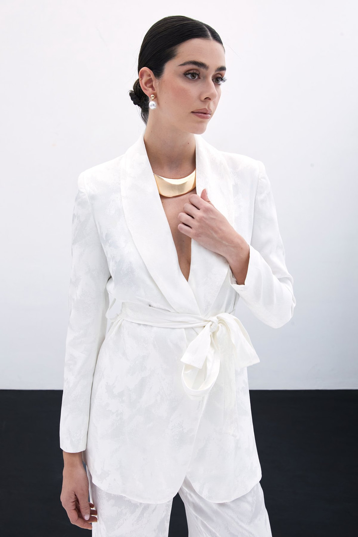 Bağlamalı Jakarlı Ceket - Ekru