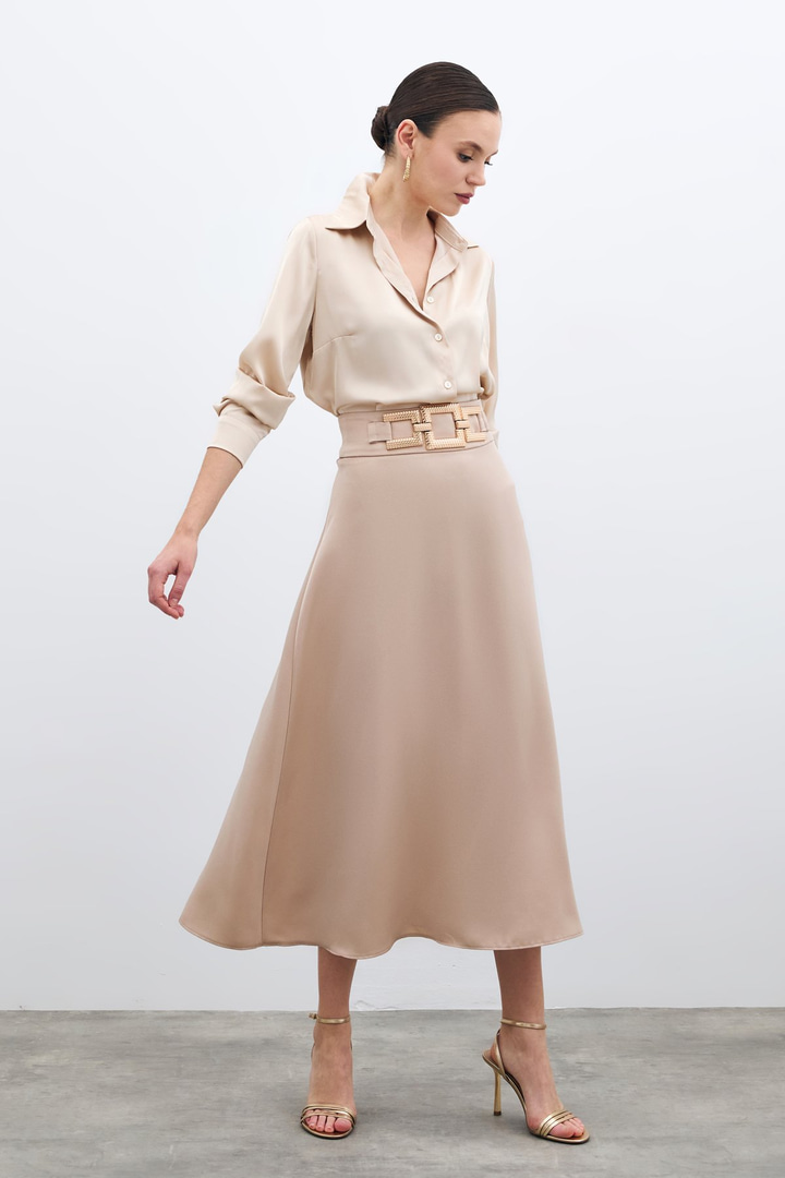 Bel Aksesuarlı Saten Krep Etek - Bej