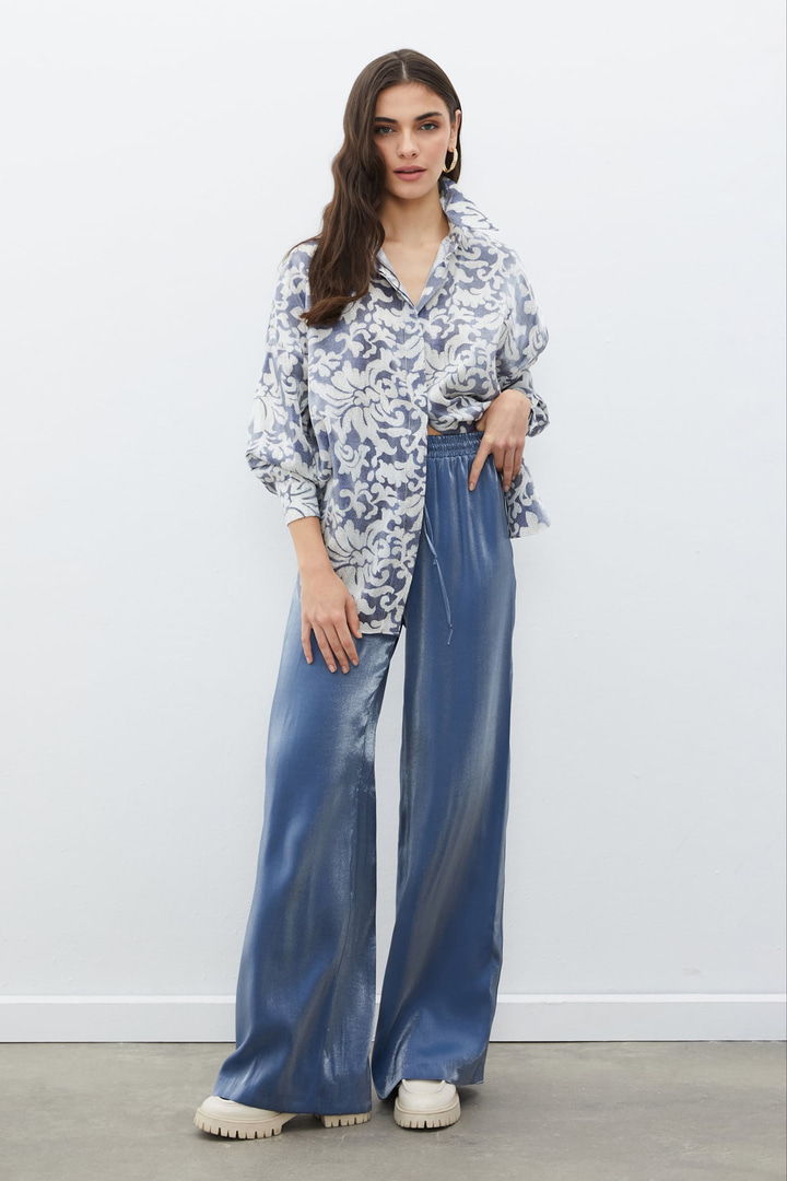 Bel Lastikli Parlak Pantolon - LACİVERT