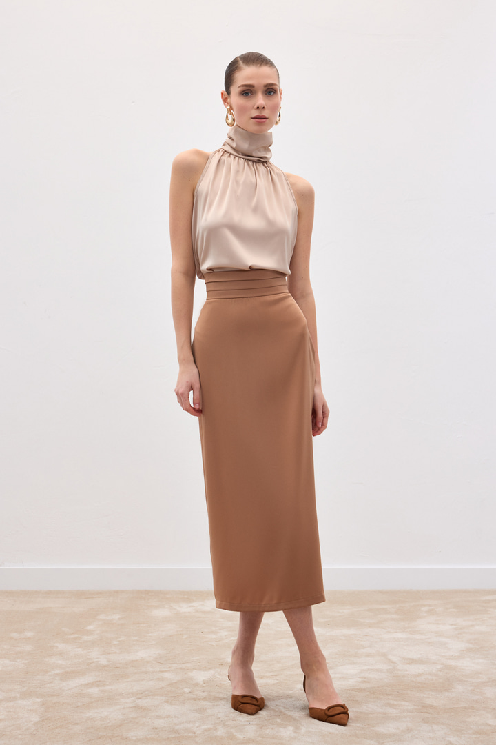 Bel Pile Detaylı Saten Etek - Camel