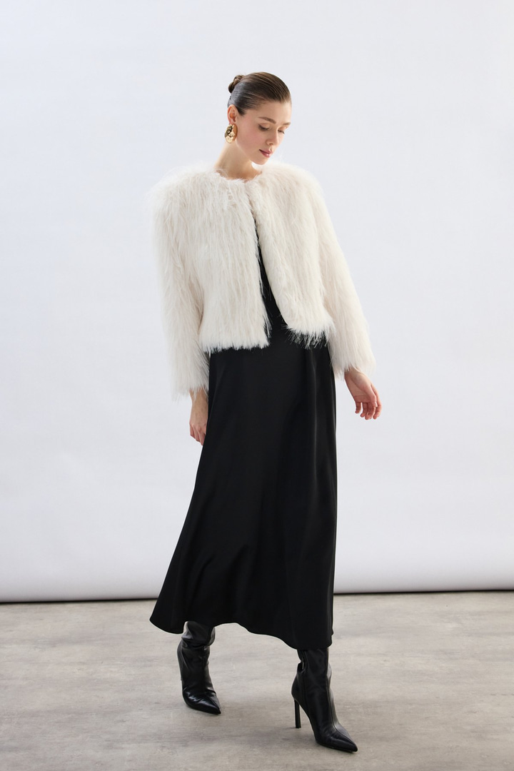 Bisiklet Yaka Suni Kürk - Ekru