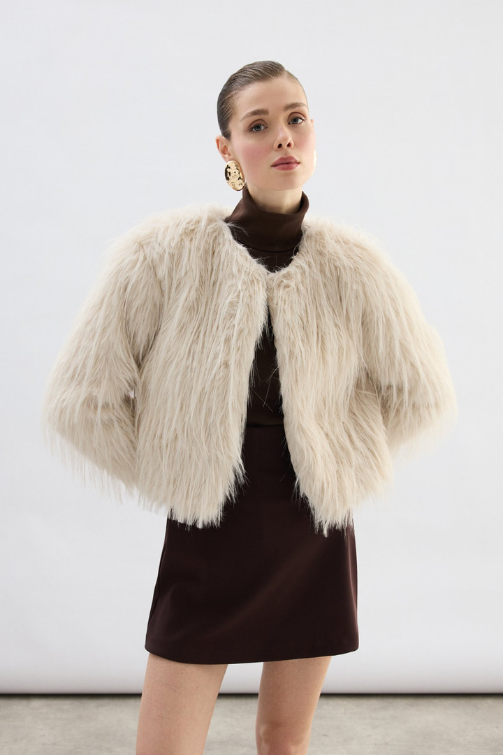 Bisiklet Yaka Suni Kürk - Taş