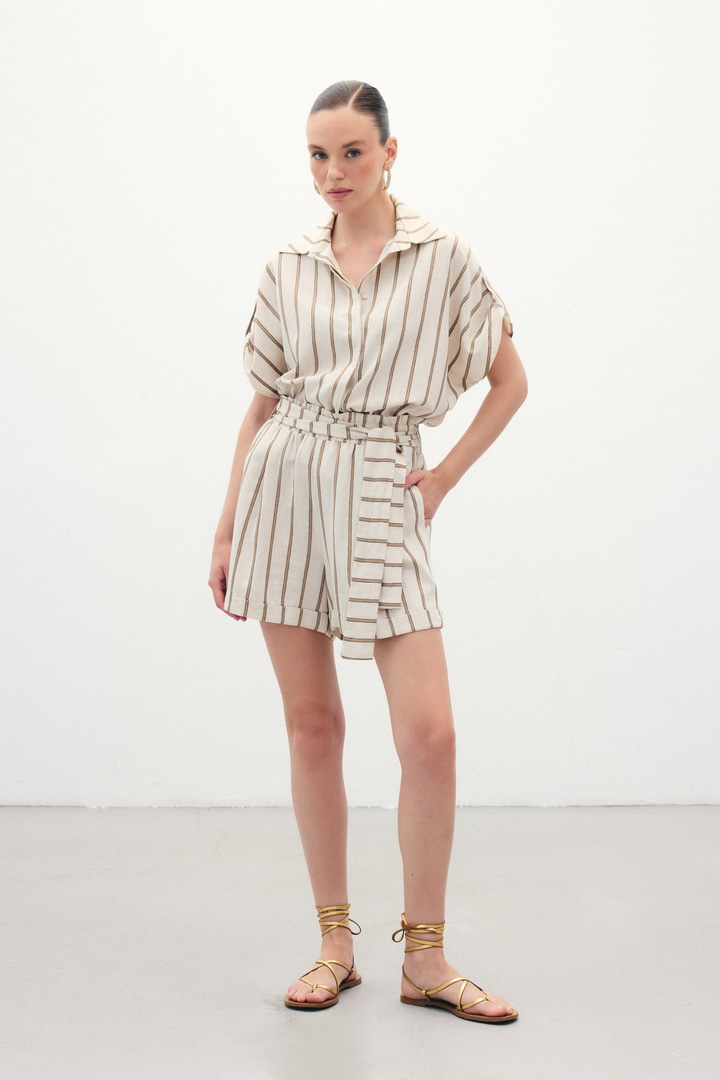 Çizgili Keten Şort - Camel