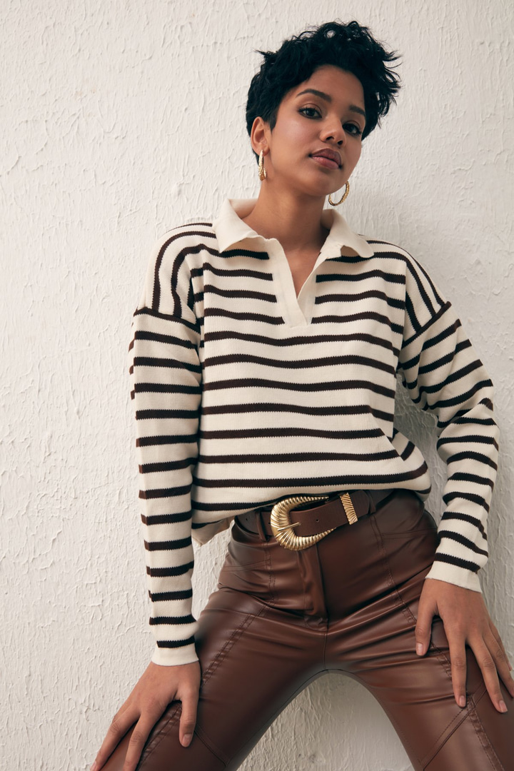 Çizgili Salaş Triko - KAHVE-KREM