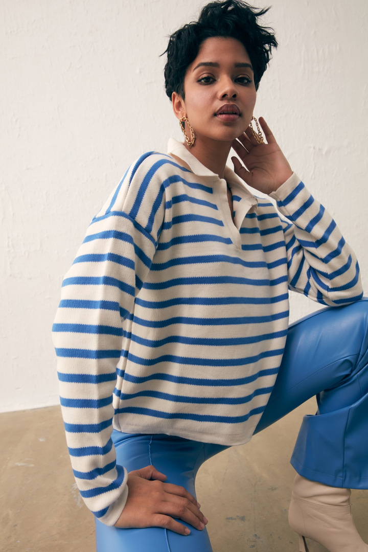 Çizgili Salaş Triko - MAVİ-KREM