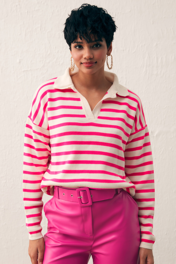 Çizgili Salaş Triko - ŞEKER PEMBE-KREM