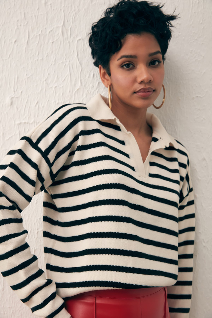 Çizgili Salaş Triko - SİYAH-KREM