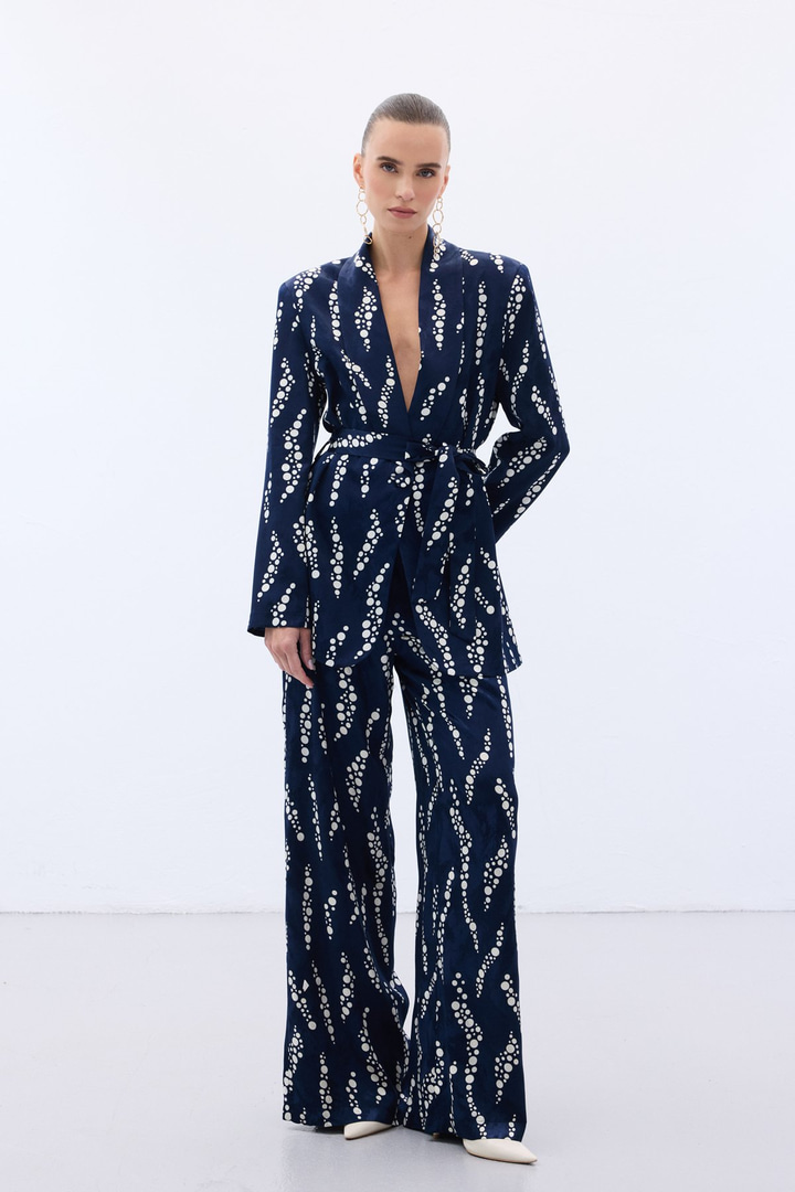 Desenli Bol Paça Pantolon - Lacivert