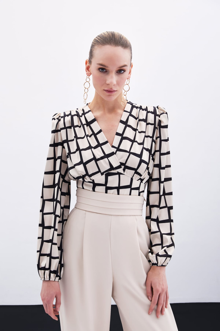 Desenli Crop Bluz - Bej