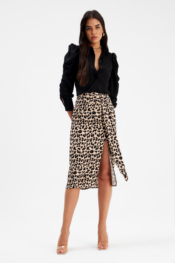Detaylı leopar desenli saten etek - BEJ