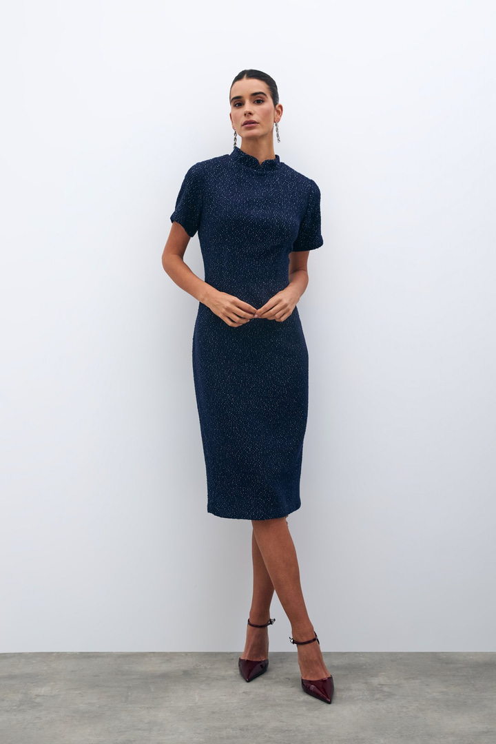 Dik Yaka Tüvit Elbise - LACİVERT