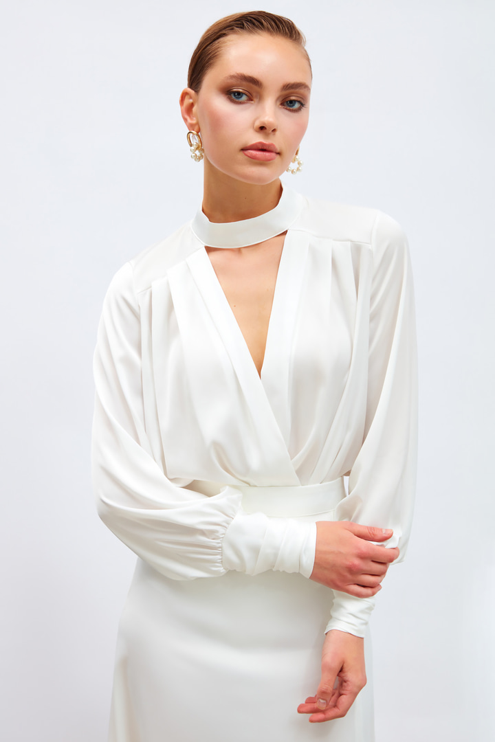 Drape Detaylı  Bodysuit Bluz - EKRU