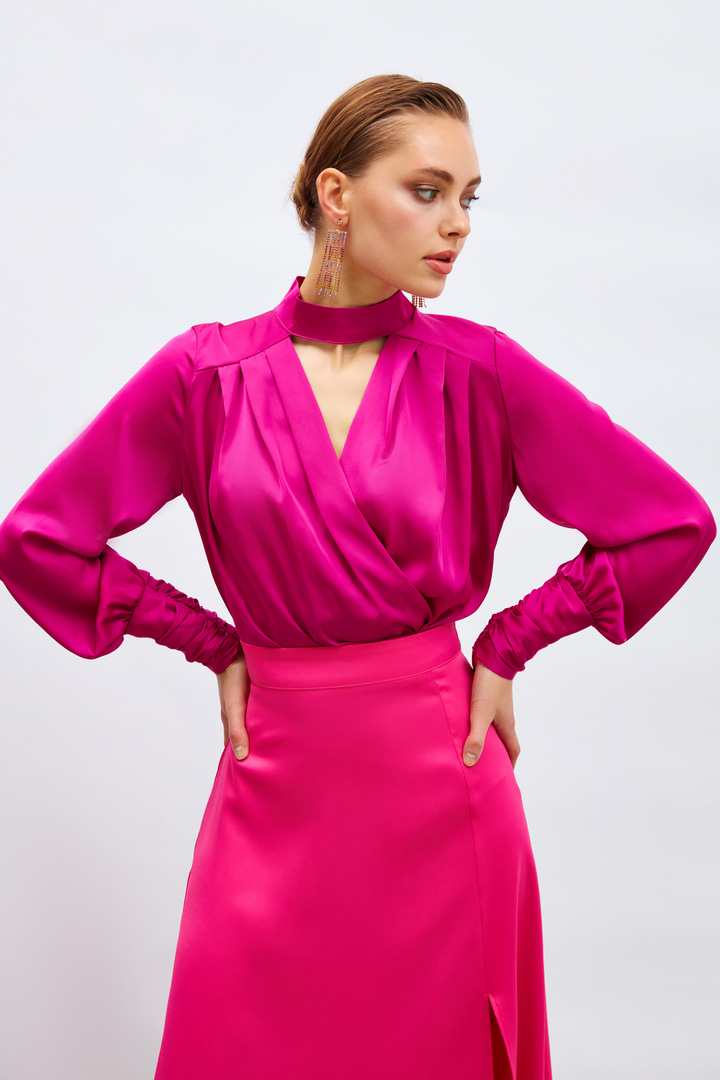 Drape Detaylı  Bodysuit Bluz - FUŞYA