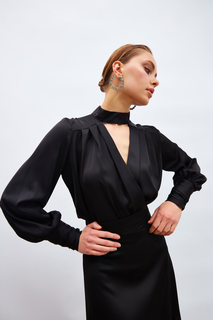 Drape Detaylı  Bodysuit Bluz - SİYAH