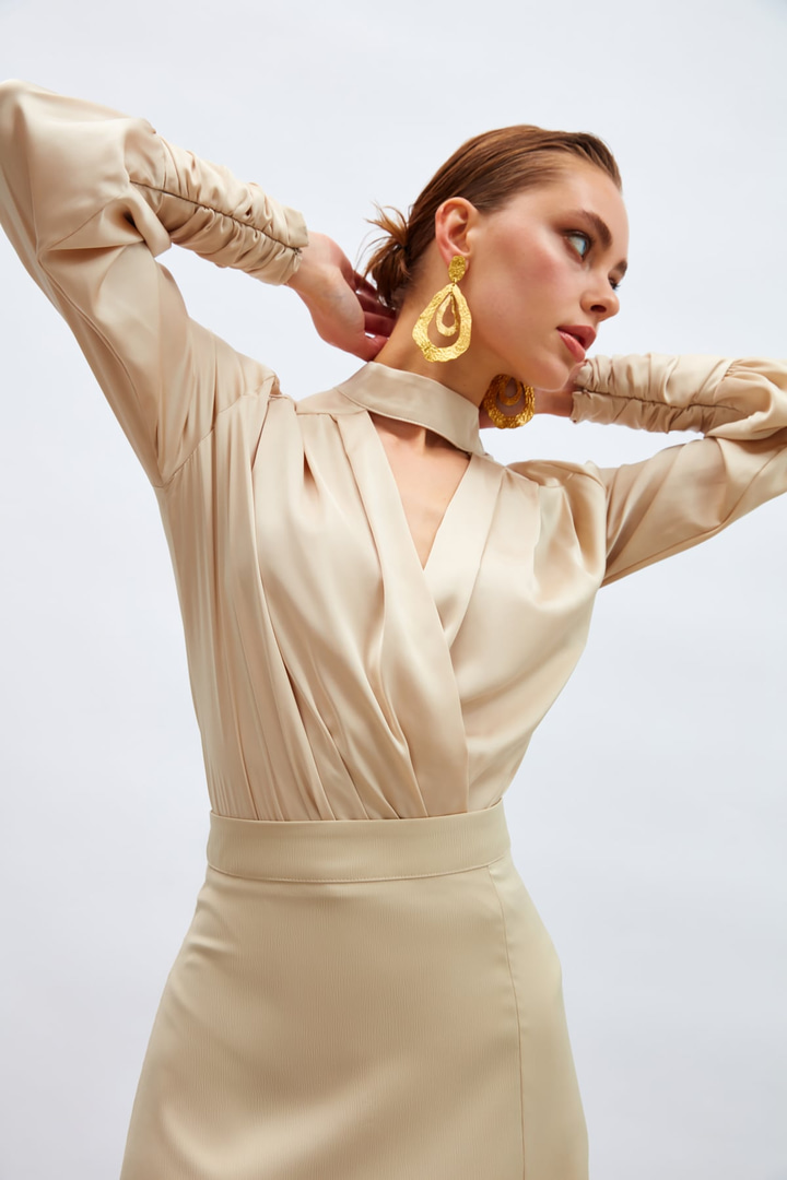 Drape Detaylı  Bodysuit Bluz - TAŞ