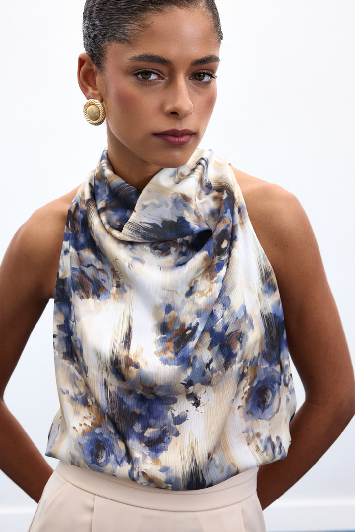 Drapeli Halter Yaka Desenli Bluz - İndigo