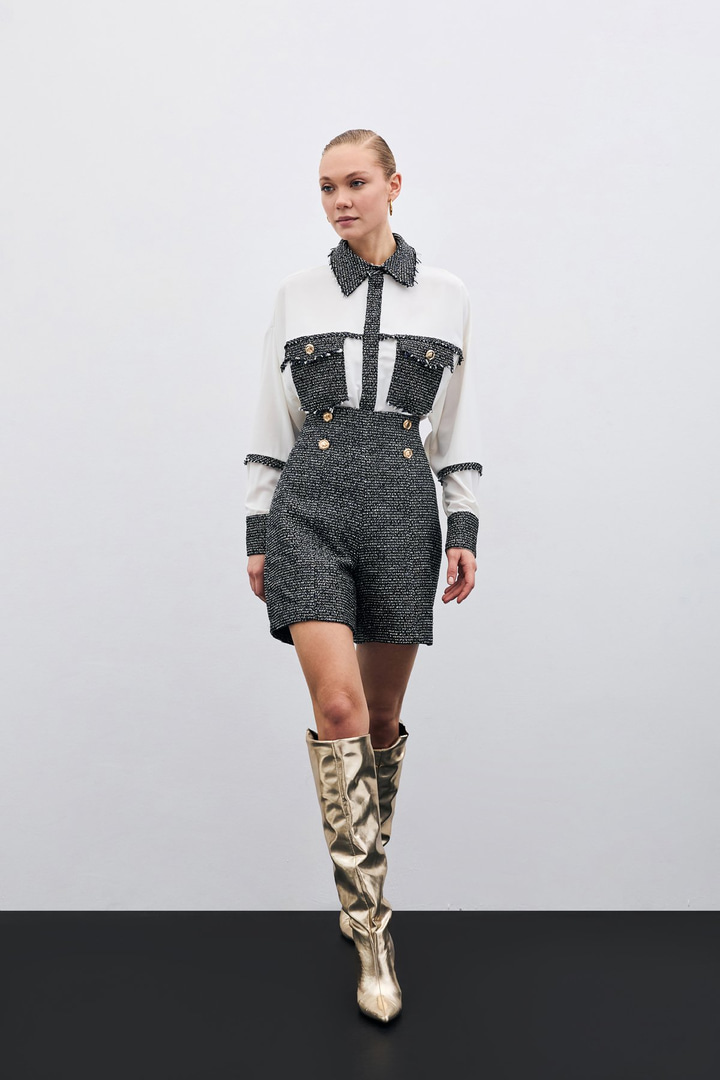 Düğme Detay Tüvit Şort - Sax Mavi