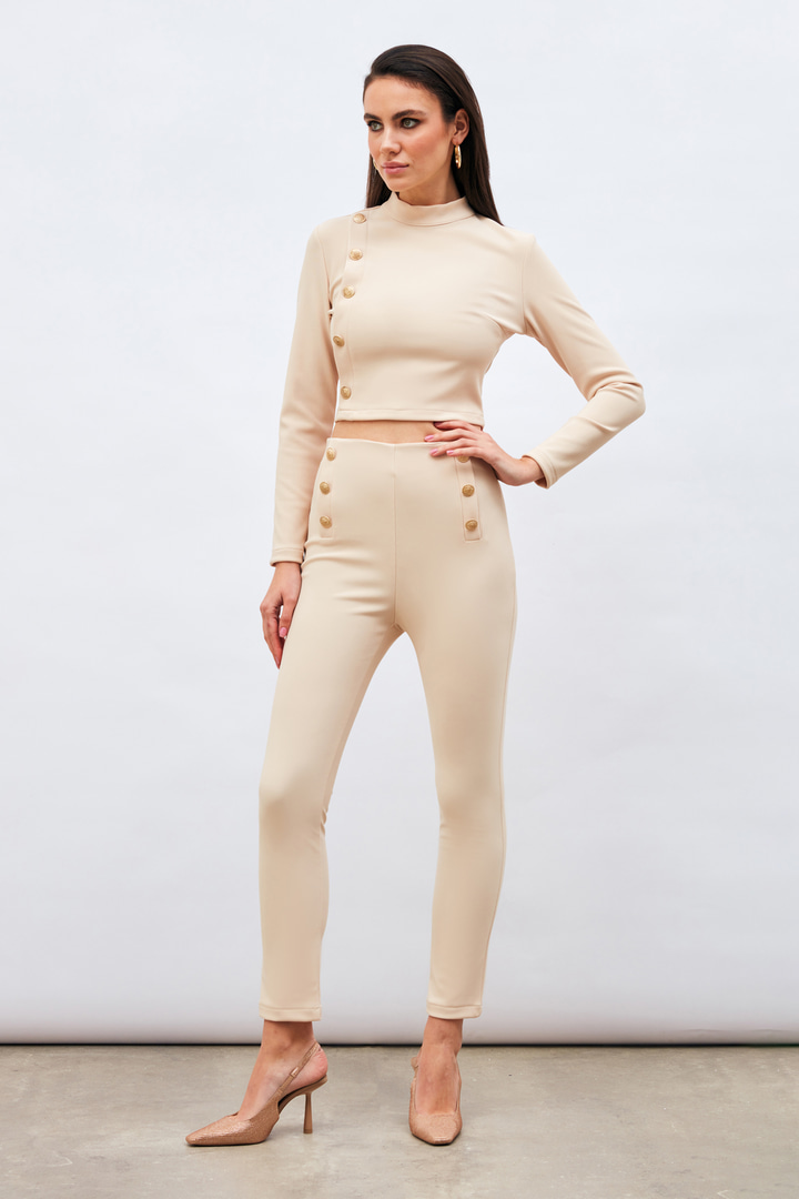 Düğme Detaylı Pantolon - BEJ