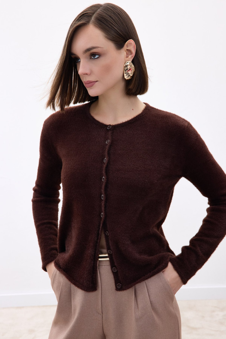 Düğmeli Sakallı Hırka - Kahve