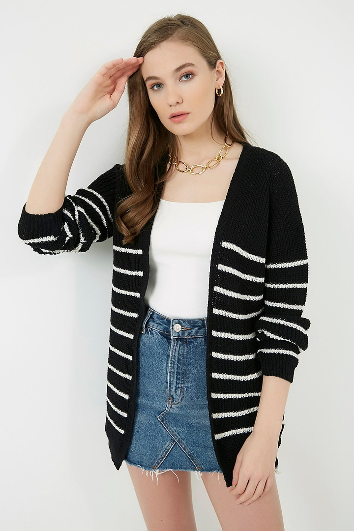 Düz Çizgi Desenli Hırka - SİYAH-EKRU