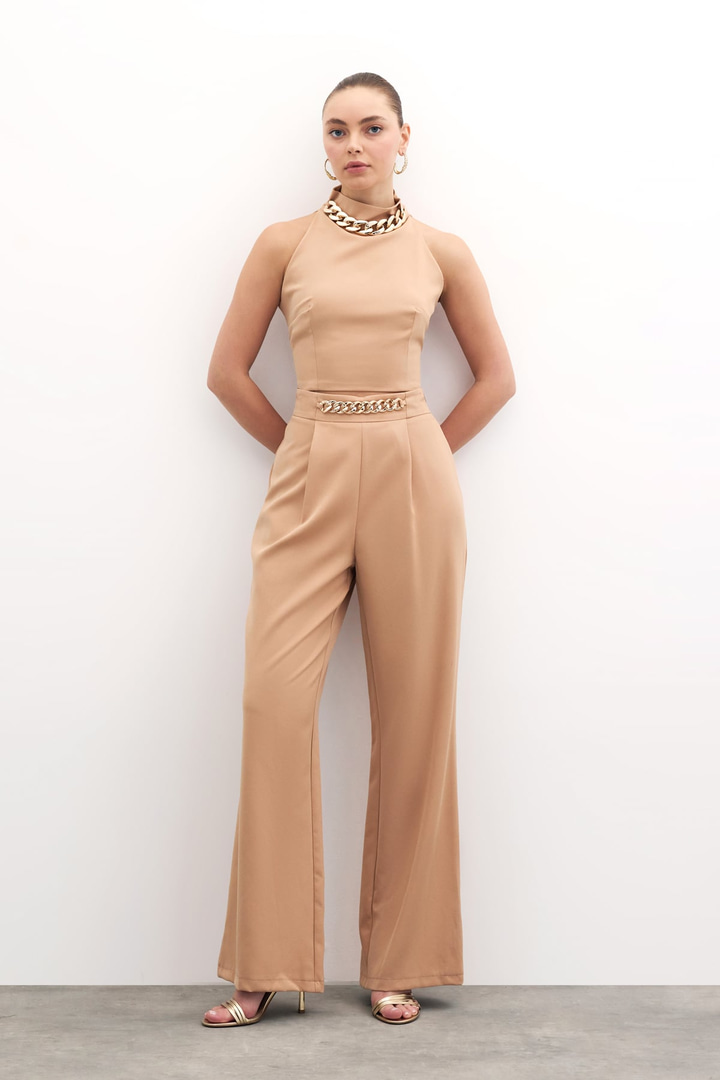 Gold zincirli wide leg fit pantolon - CAMEL